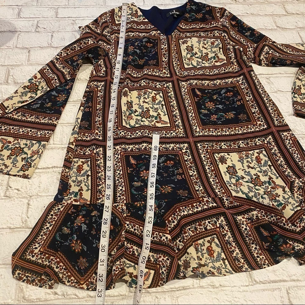 Lulus Mini Dress Bohemian Patterned Bell Sleeve Ruffle Hem - Picture 8 of 8